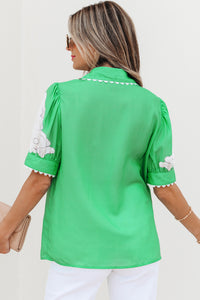 Nancy-Green Floral Ric Rac Edge Puff Sleeve Button Up Summer Shirt