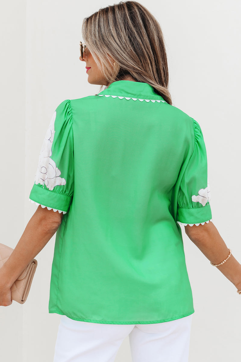 Nancy-Green Floral Ric Rac Edge Puff Sleeve Button Up Summer Shirt