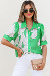 Nancy-Green Floral Ric Rac Edge Puff Sleeve Button Up Summer Shirt