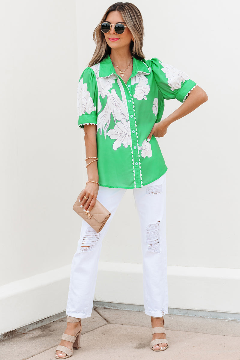 Nancy-Green Floral Ric Rac Edge Puff Sleeve Button Up Summer Shirt