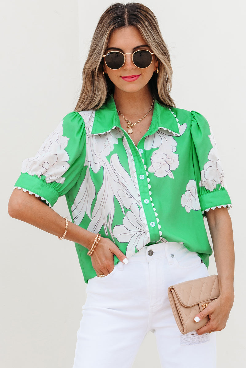 Nancy-Green Floral Ric Rac Edge Puff Sleeve Button Up Summer Shirt