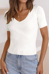 Tricia- V Neck Ribbed Knit Lightweight Short Sleeve Sweater