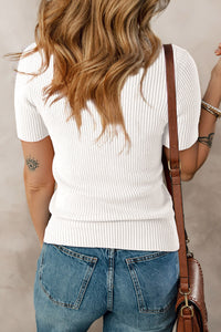 Tricia- V Neck Ribbed Knit Lightweight Short Sleeve Sweater