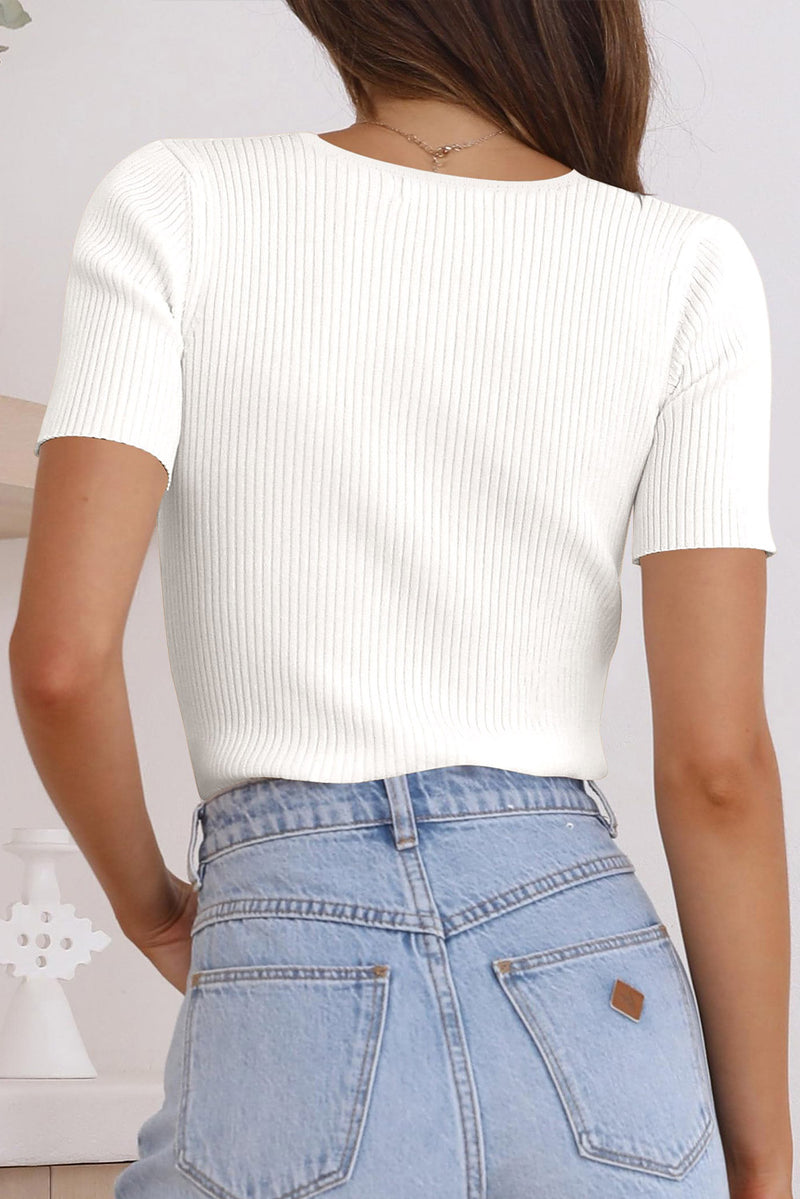 Tricia- V Neck Ribbed Knit Lightweight Short Sleeve Sweater