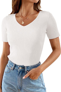 Tricia- V Neck Ribbed Knit Lightweight Short Sleeve Sweater