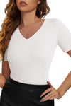 Tricia- V Neck Ribbed Knit Lightweight Short Sleeve Sweater