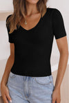 Tricia- V Neck Ribbed Knit Lightweight Short Sleeve Sweater