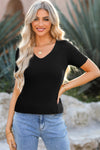 Tricia- V Neck Ribbed Knit Lightweight Short Sleeve Sweater
