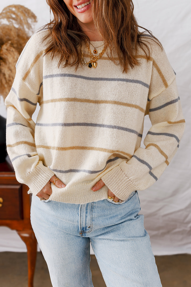 Alyssa-Lightweight Colorful Striped Ribbed Edge Drop Shoulder Sweater