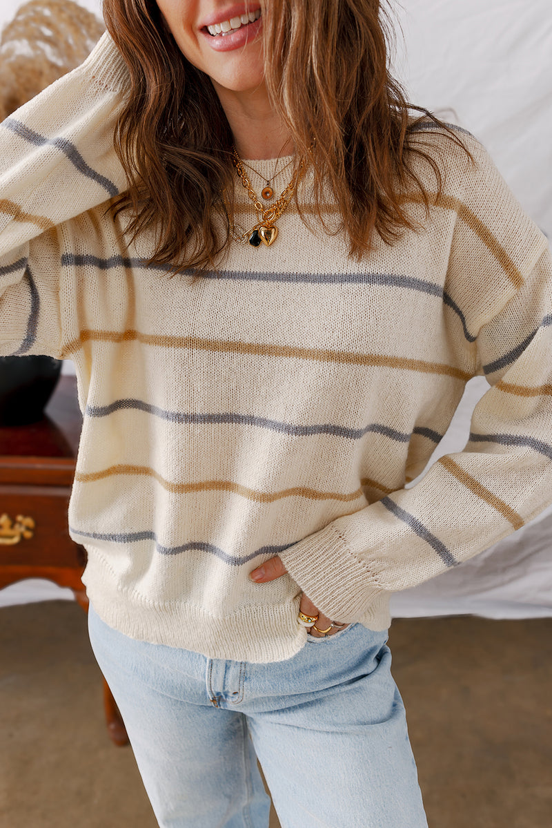 Alyssa-Lightweight Colorful Striped Ribbed Edge Drop Shoulder Sweater