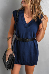 Evelyn-Dark Blue Knit Vest Pullover Sweater Mini Dress