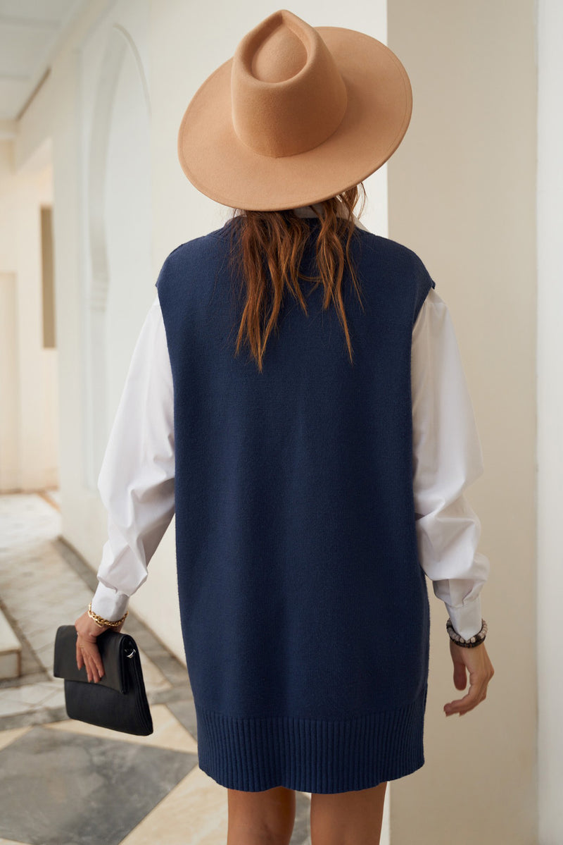 Evelyn-Dark Blue Knit Vest Pullover Sweater Mini Dress