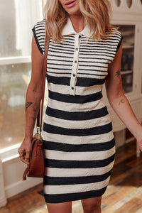Francie- Black Mixed Striped Print Half Placket Collared Cap Sleeve Mini Dress