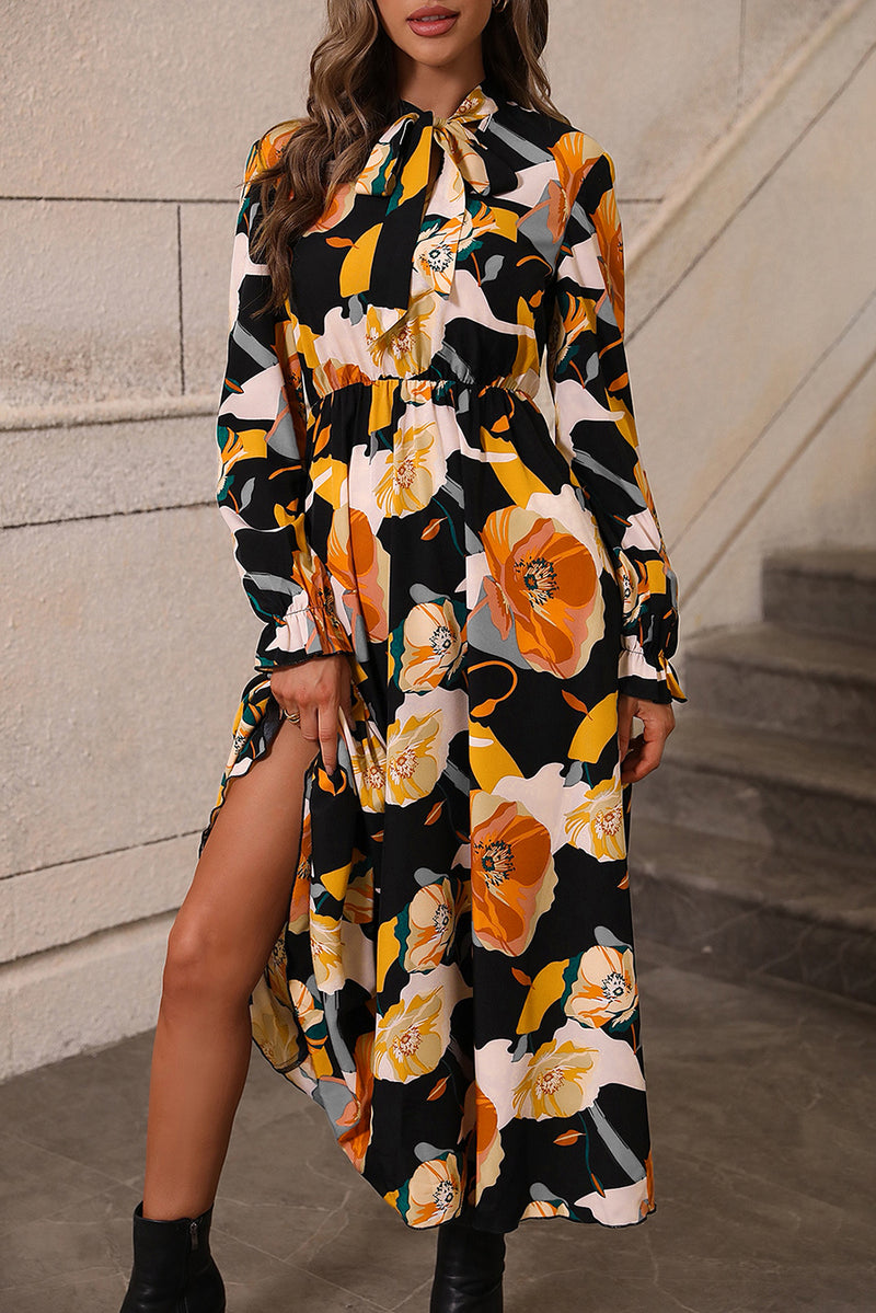 Mia-Orange Floral Print Tie Neck Long Sleeve Dress