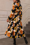 Mia-Orange Floral Print Tie Neck Long Sleeve Dress