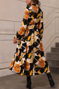 Mia-Orange Floral Print Tie Neck Long Sleeve Dress