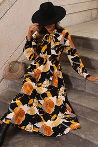 Mia-Orange Floral Print Tie Neck Long Sleeve Dress