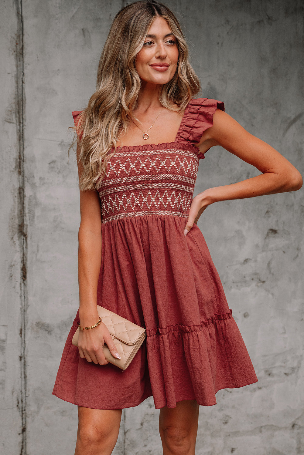 Sunny Angela Women's Geometric Stitch Shirred Bodice Ruffled Trim Smocked Mini Dress Red Sandalwood / S Sunny Angela Women's Geometric Stitch Shirred Bodice Ruffled Trim Smocked Mini Dress Red Sandalwood / S