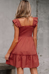 JudyAnn-Red Sandalwood Geometric Stitch Shirred Bodice Ruffled Trim Sleeveless Mini Dress