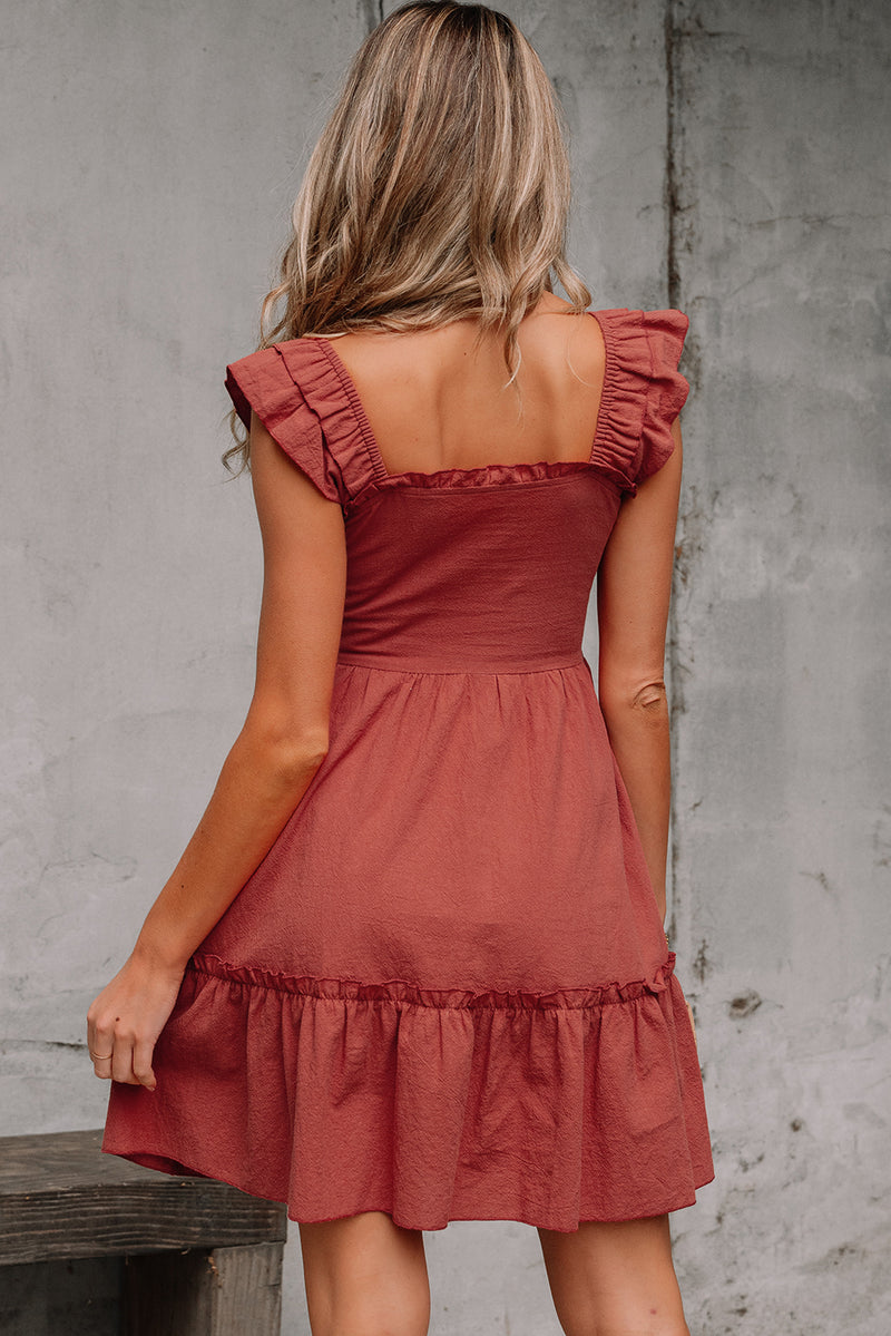 JudyAnn-Red Sandalwood Geometric Stitch Shirred Bodice Ruffled Trim Sleeveless Mini Dress
