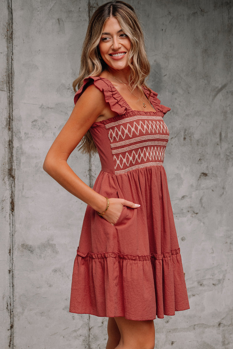 JudyAnn-Red Sandalwood Geometric Stitch Shirred Bodice Ruffled Trim Sleeveless Mini Dress