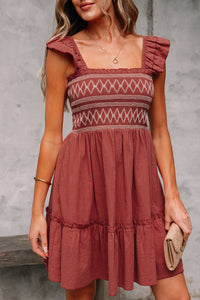 JudyAnn-Red Sandalwood Geometric Stitch Shirred Bodice Ruffled Trim Sleeveless Mini Dress
