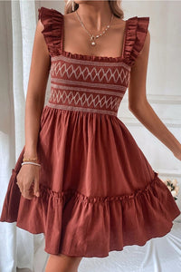 JudyAnn-Red Sandalwood Geometric Stitch Shirred Bodice Ruffled Trim Sleeveless Mini Dress
