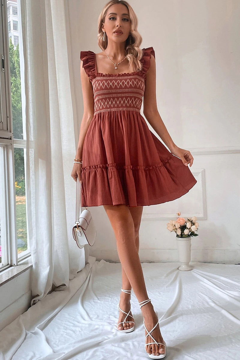 JudyAnn-Red Sandalwood Geometric Stitch Shirred Bodice Ruffled Trim Sleeveless Mini Dress