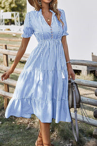 Jessie-Sky Blue Stripe Button Tassel Tie Detail Frilled Short Sleeve Flared Midi Dress