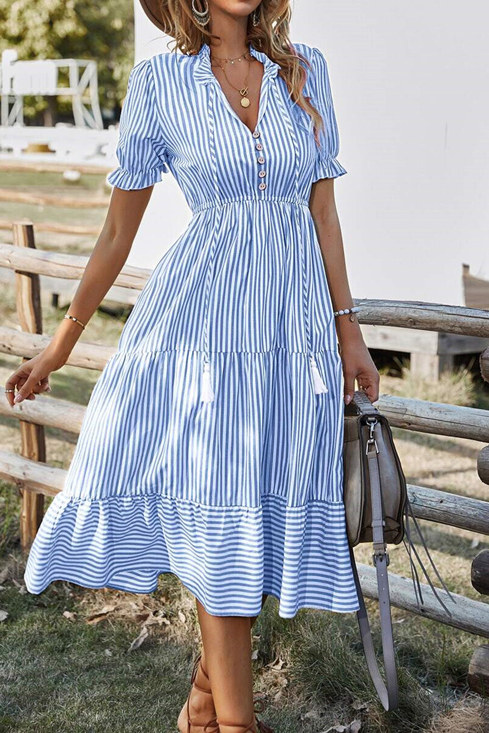 Jessie-Sky Blue Stripe Button Tassel Tie Detail Frilled Short Sleeve Flared Midi Dress