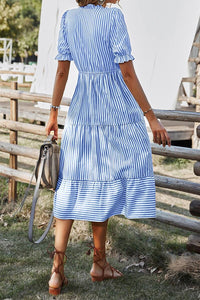 Jessie-Sky Blue Stripe Button Tassel Tie Detail Frilled Short Sleeve Flared Midi Dress