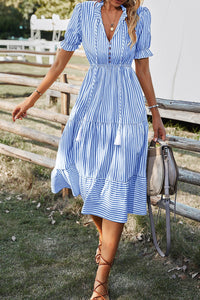 Jessie-Sky Blue Stripe Button Tassel Tie Detail Frilled Short Sleeve Flared Midi Dress