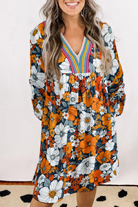 Brookelyn-Orange Floral Print Striped Lace V Neck Long Sleeve Mini Dress