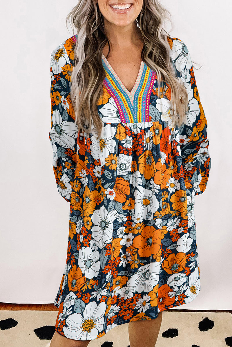 Brookelyn-Orange Floral Print Striped Lace V Neck Long Sleeve Mini Dress