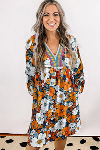 Brookelyn-Orange Floral Print Striped Lace V Neck Long Sleeve Mini Dress
