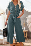 Maggie-Blue Dolman Button Belted V Neck Wide Leg Pocketed Jumpsuit