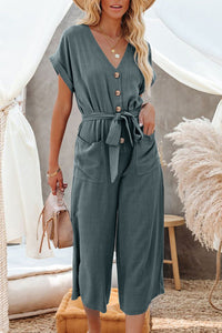 Maggie-Blue Dolman Button Belted V Neck Wide Leg Pocketed Jumpsuit