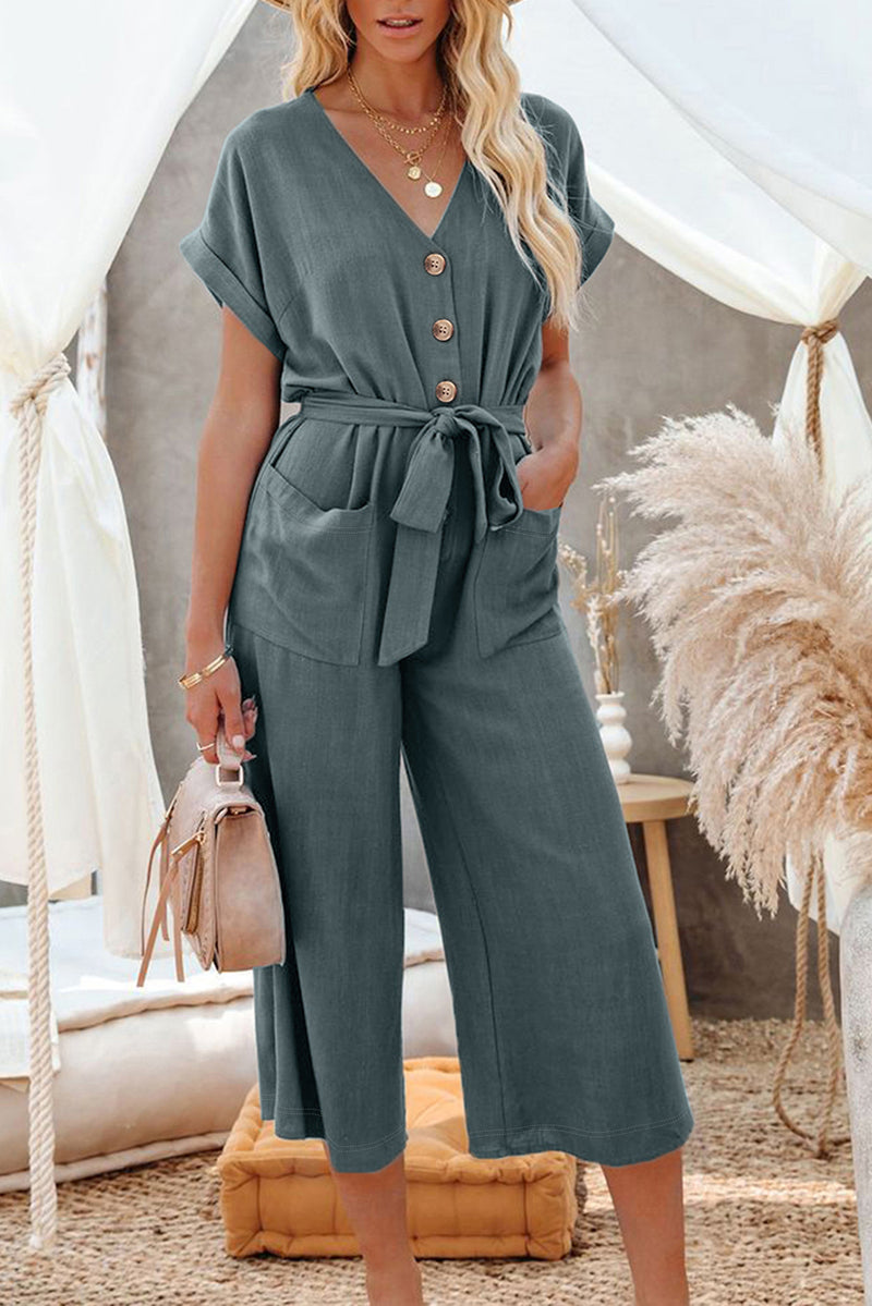 Maggie-Blue Dolman Button Belted V Neck Wide Leg Pocketed Jumpsuit