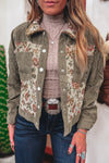 Deidra-Sage Green Ribbed Retro Floral Patchwork Shirt Style Jacket