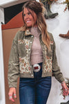 Deidra-Sage Green Ribbed Retro Floral Patchwork Shirt Style Jacket