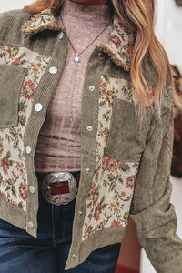 Deidra-Sage Green Ribbed Retro Floral Patchwork Shirt Style Jacket