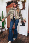 Deidra-Sage Green Ribbed Retro Floral Patchwork Shirt Style Jacket
