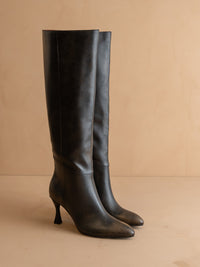 The Lexington | Distressed Black Brown Pointed Toe Knee High Boot