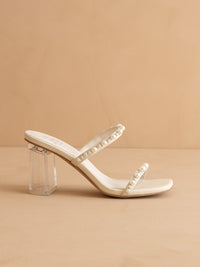 The Mae | Beige Wedding Pearl Detail Clear Block Heel