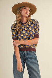 MAEBERRY - FLORAL PATTERN SHORT SLEEVE SWEATER