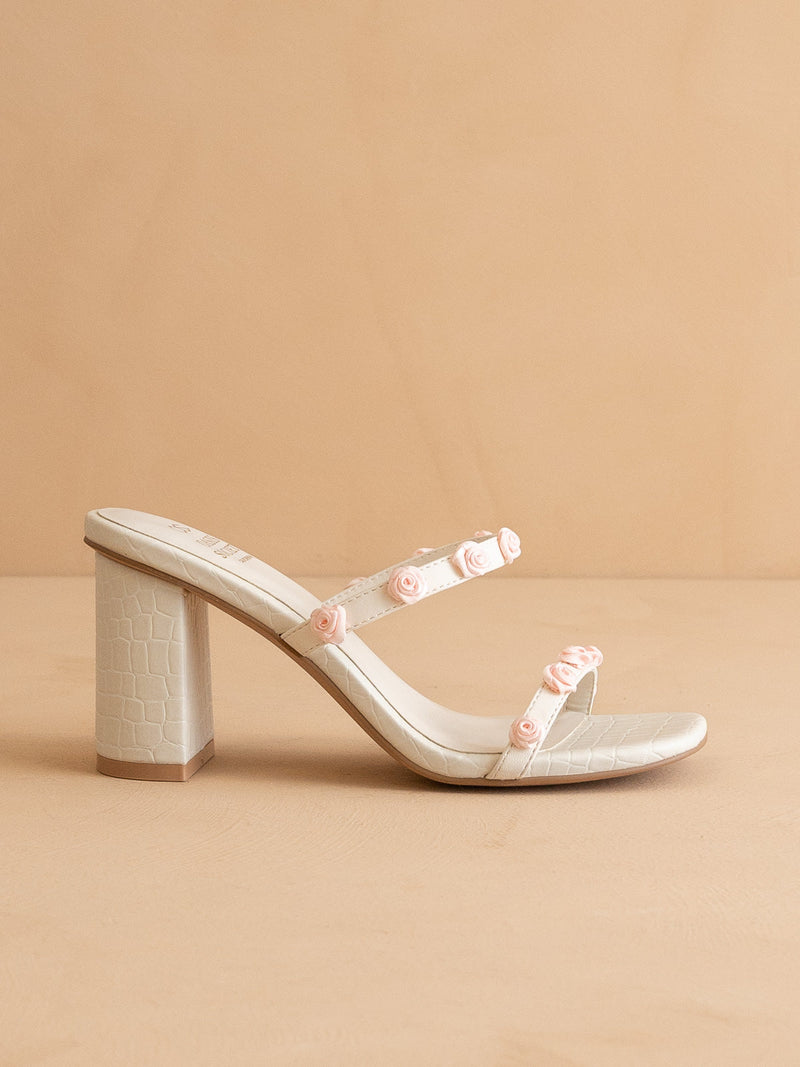 The Nia | White Rosette Adorned Block Heel *FINAL SALE*