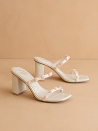 The Nia | White Rosette Adorned Block Heel *FINAL SALE*