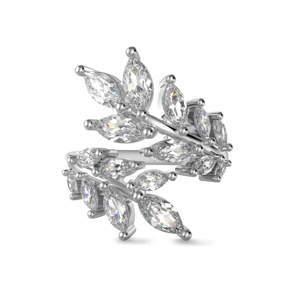 925 sterling silver adjustable open leaf ring set with marquise-cut clear zircon stones