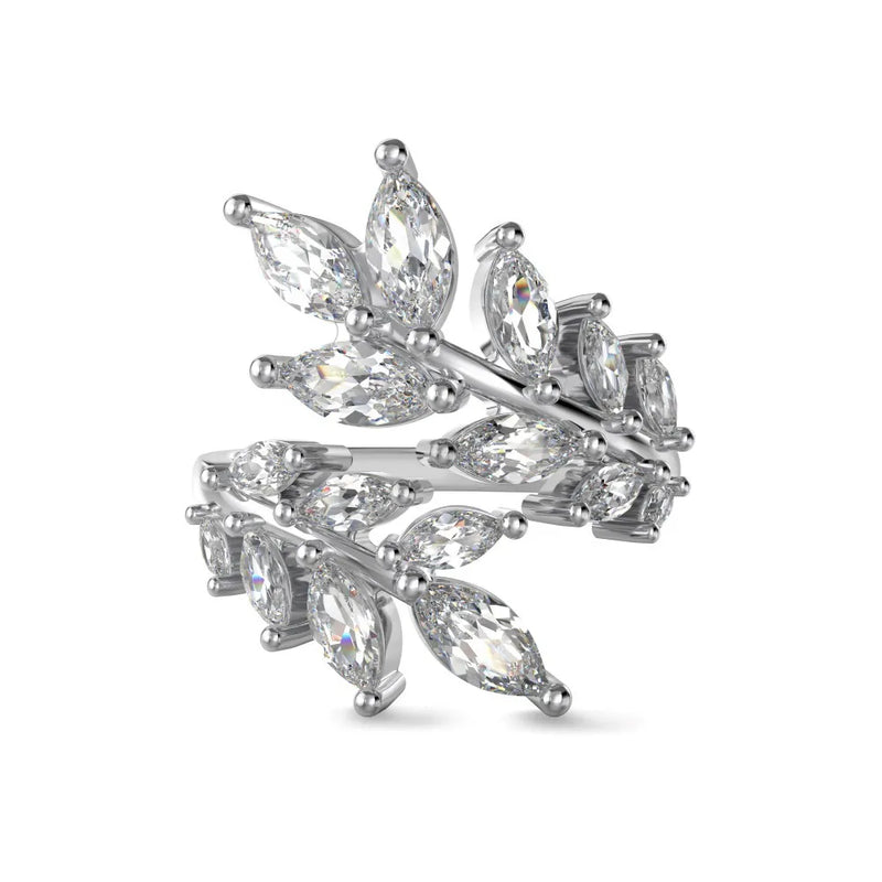 925 sterling silver adjustable open leaf ring set with marquise-cut clear zircon stones