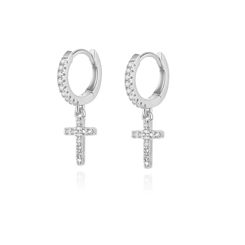 Silver fully pavé zircon cross hoop earrings with sterling silver posts